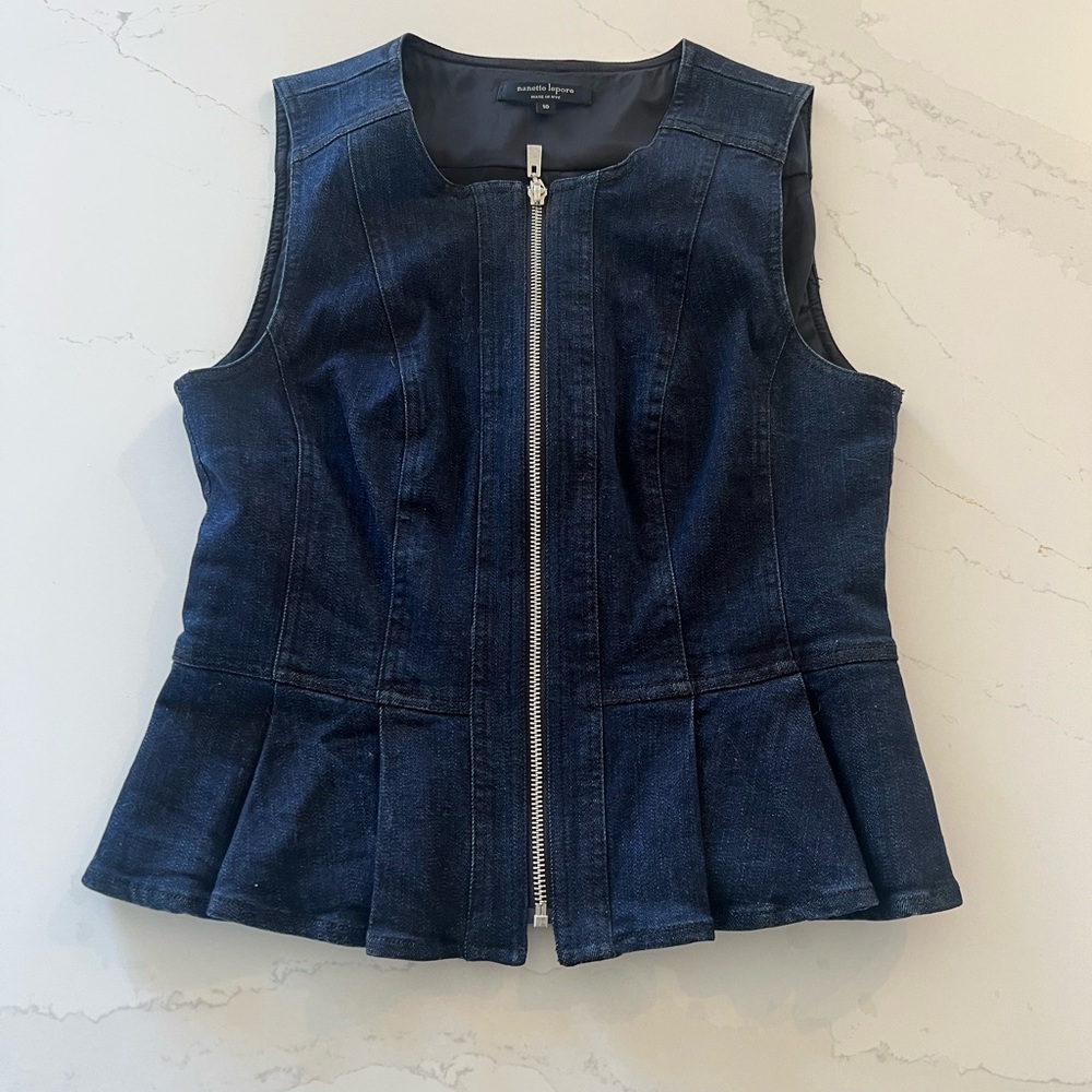 Nanette Lepore Dark Blue Denim Peplum Zip Vest